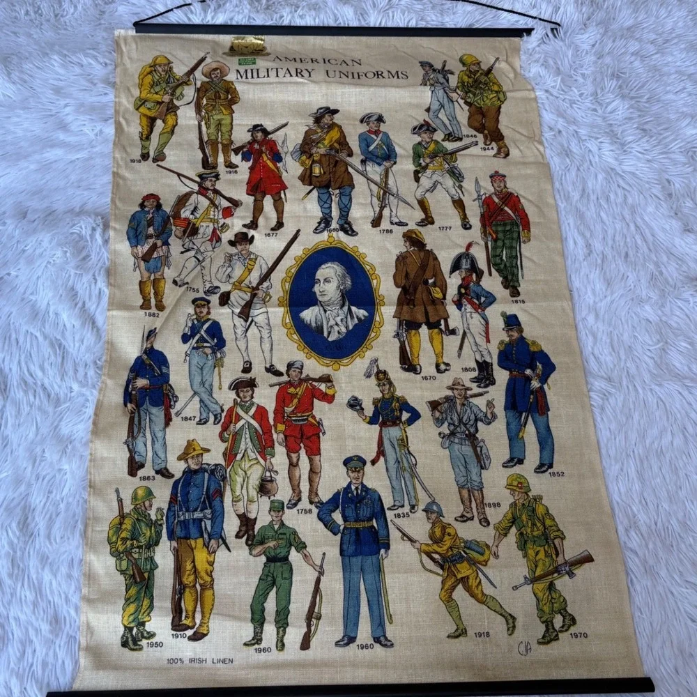 Vintage 1970s American Military Uniforms Irish Linen Wall Hanging Washington